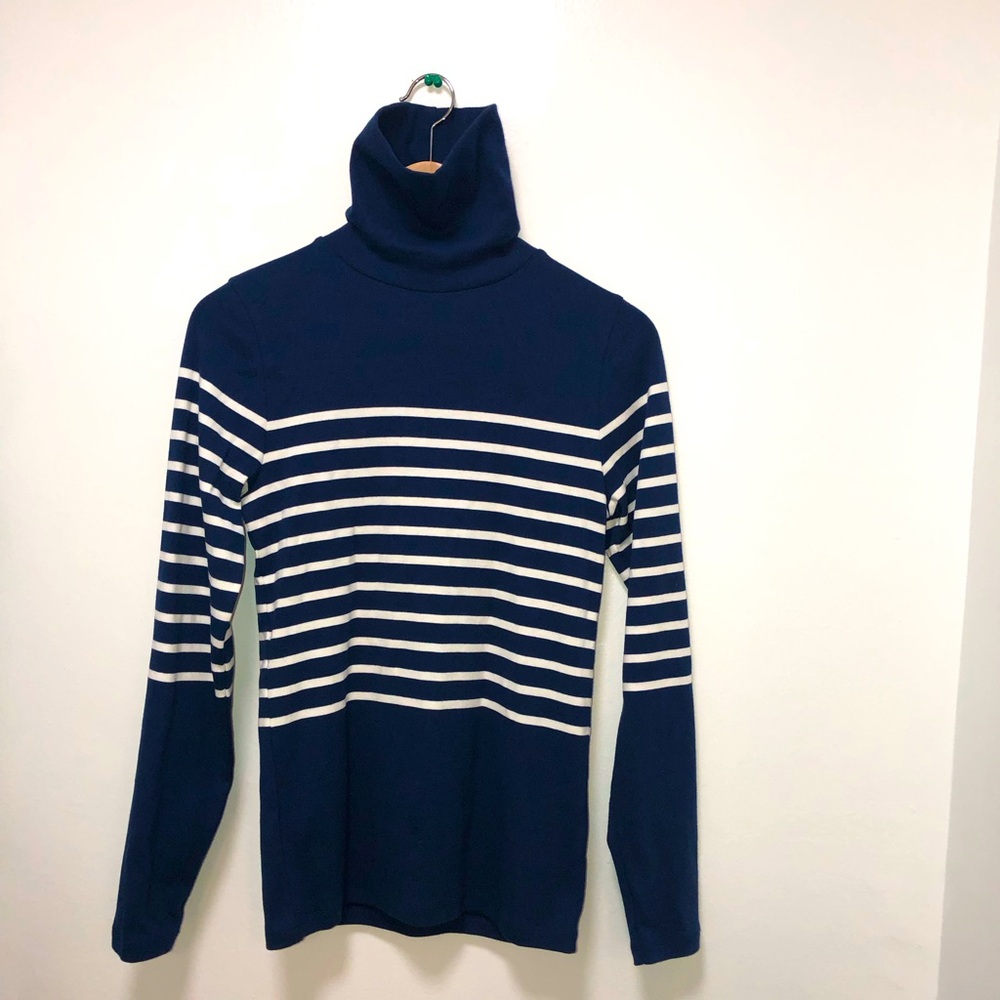 J. Crew turtle neck tee, perfect fit, cotton, navy/white strip, size S.